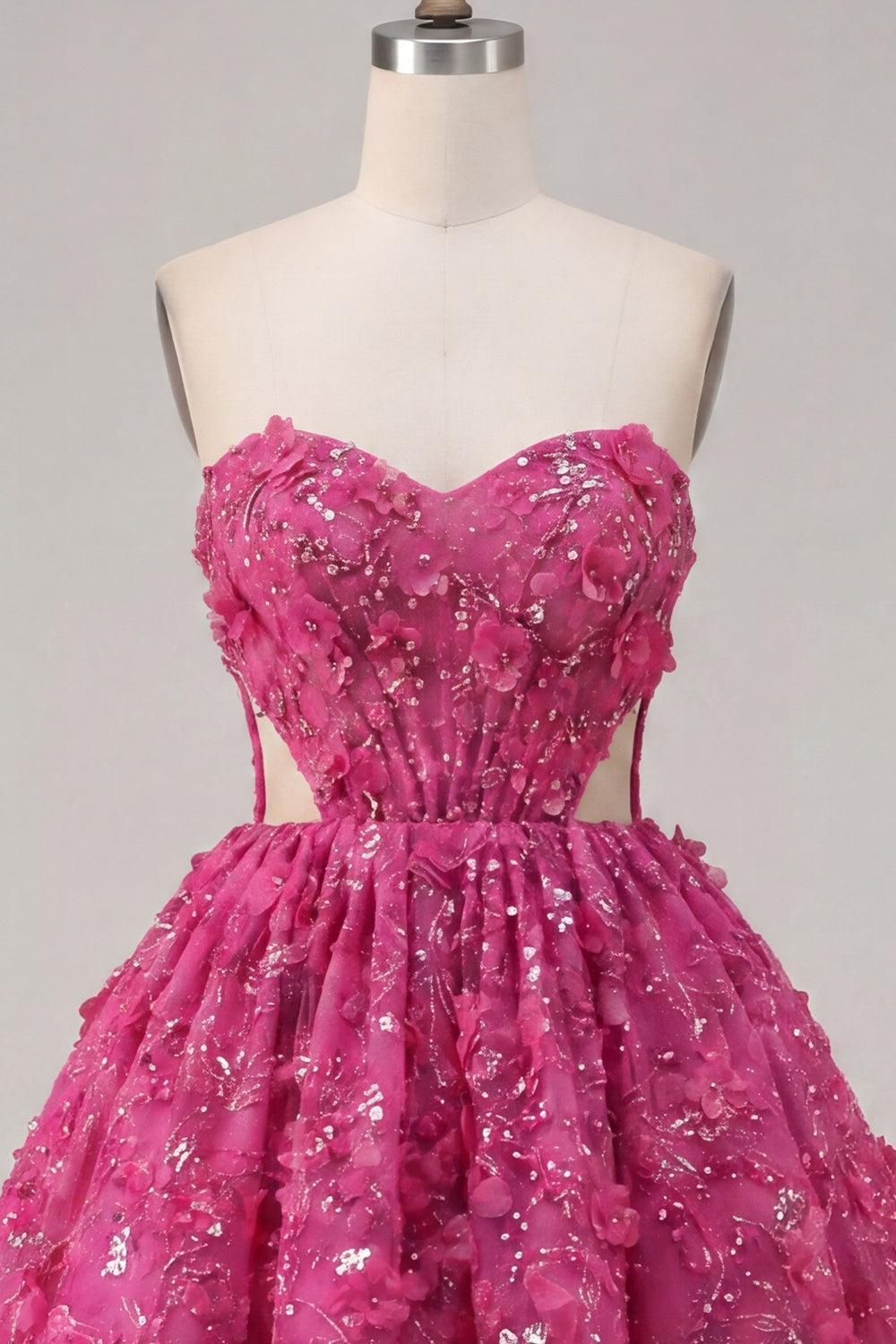 Dressystars Fuchsia Floral Beaded Cut-Out A-Line Corset Short Homecoming Dress