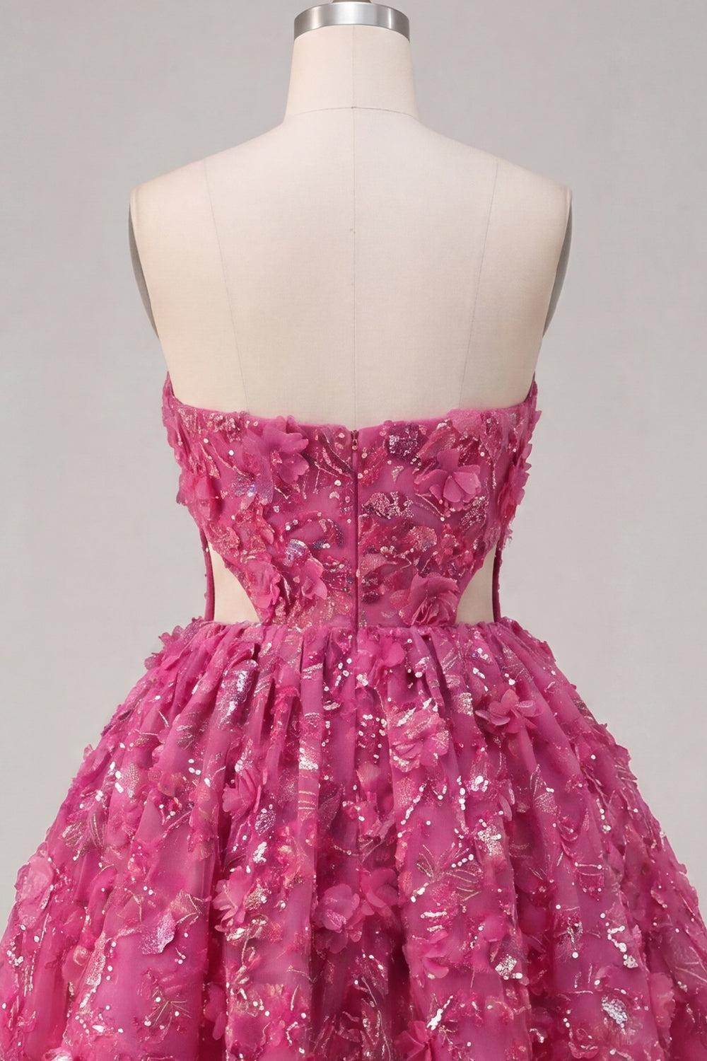Dressystars Fuchsia Floral Beaded Cut-Out A-Line Corset Short Homecoming Dress