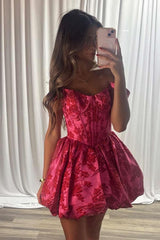 Dressystars Fuchsia Floral Off-the-Shoulder A-Line Corset Short Homecoming Dress
