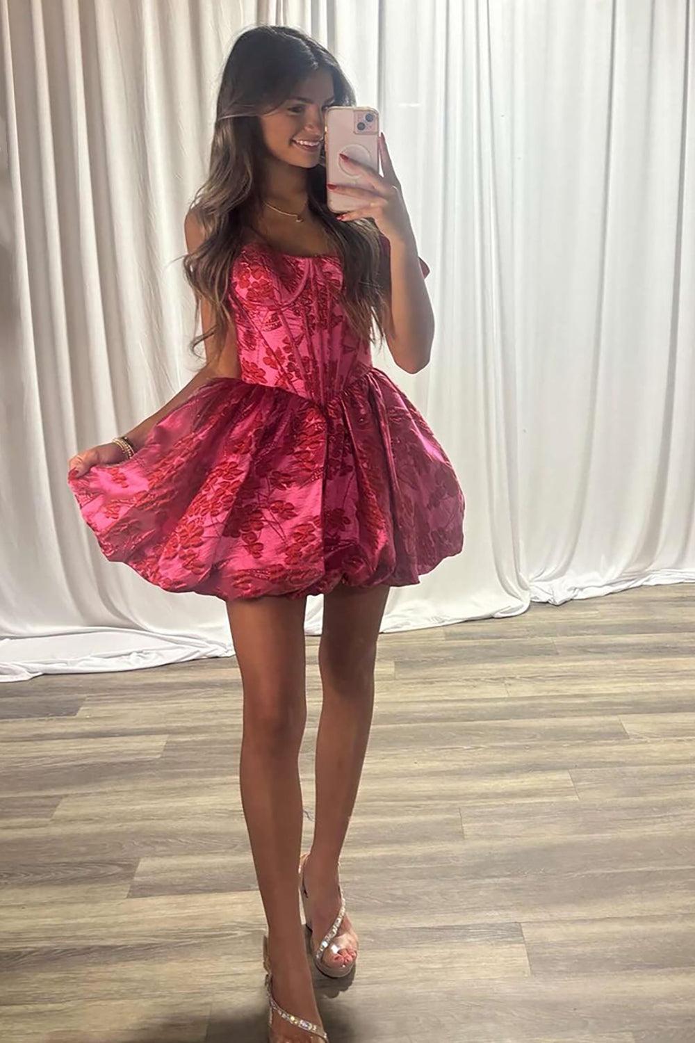 Dressystars Fuchsia Floral Off-the-Shoulder A-Line Corset Short Homecoming Dress