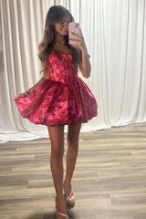 Dressystars Fuchsia Floral Off-the-Shoulder A-Line Corset Short Homecoming Dress