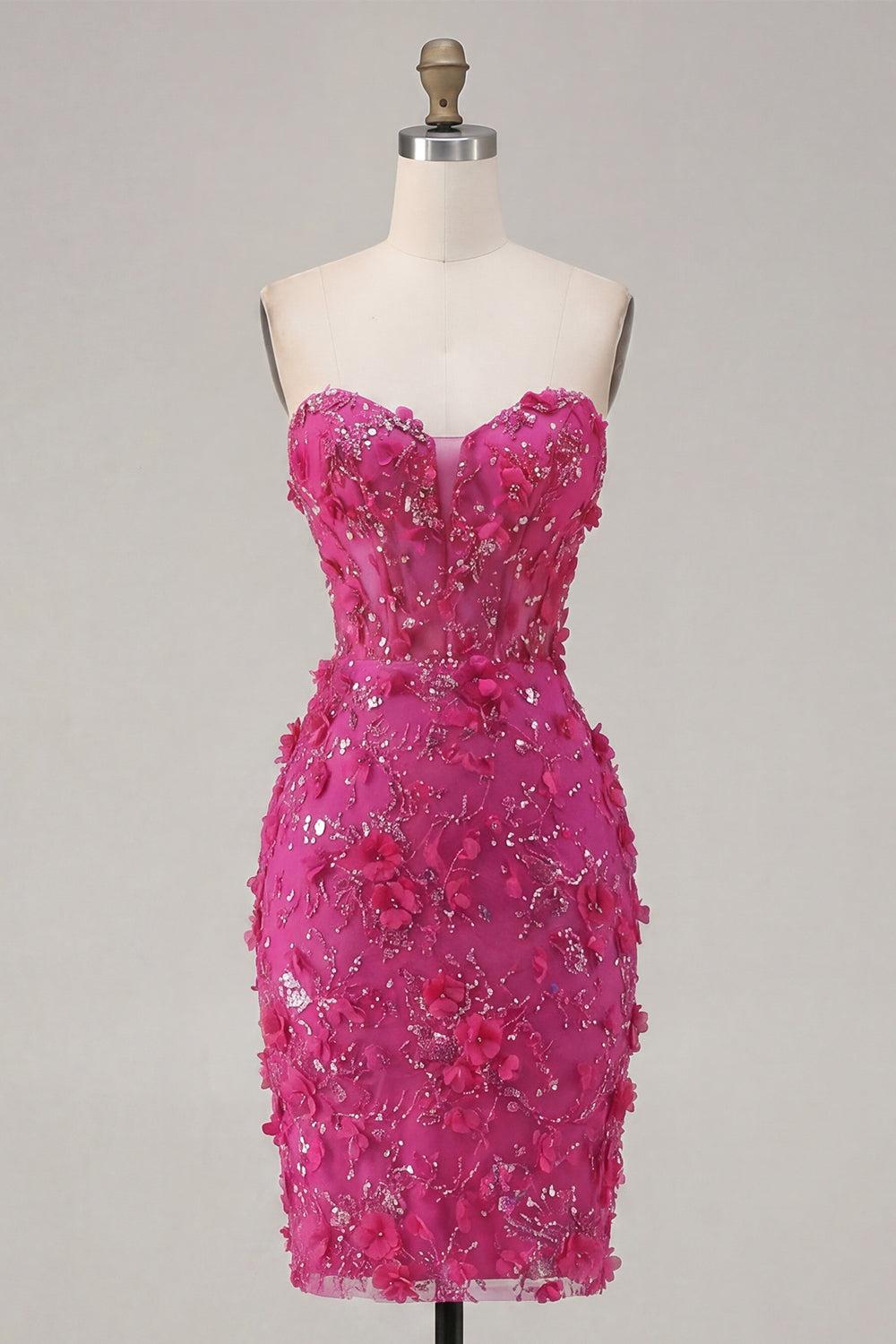 Dressystars Fuchsia Floral Sweetheart Beaded Corset Tight Short Homecoming Dress