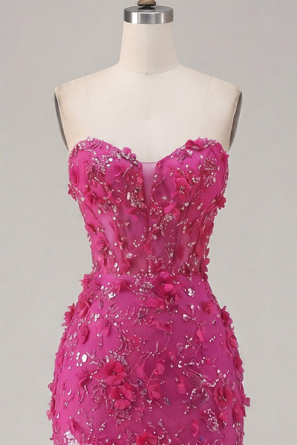 Dressystars Fuchsia Floral Sweetheart Beaded Corset Tight Short Homecoming Dress