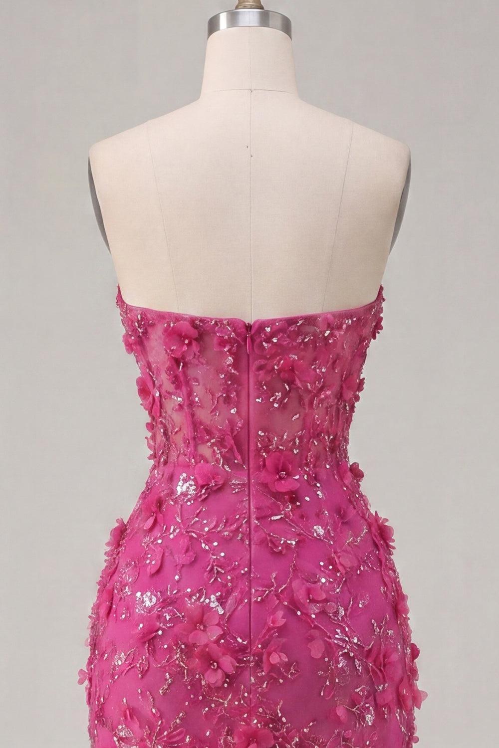 Dressystars Fuchsia Floral Sweetheart Beaded Corset Tight Short Homecoming Dress