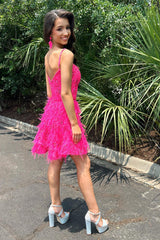 Dressystars Fuchsia Homecoming Dress A-Line Lace Short Prom Dress with Feathers