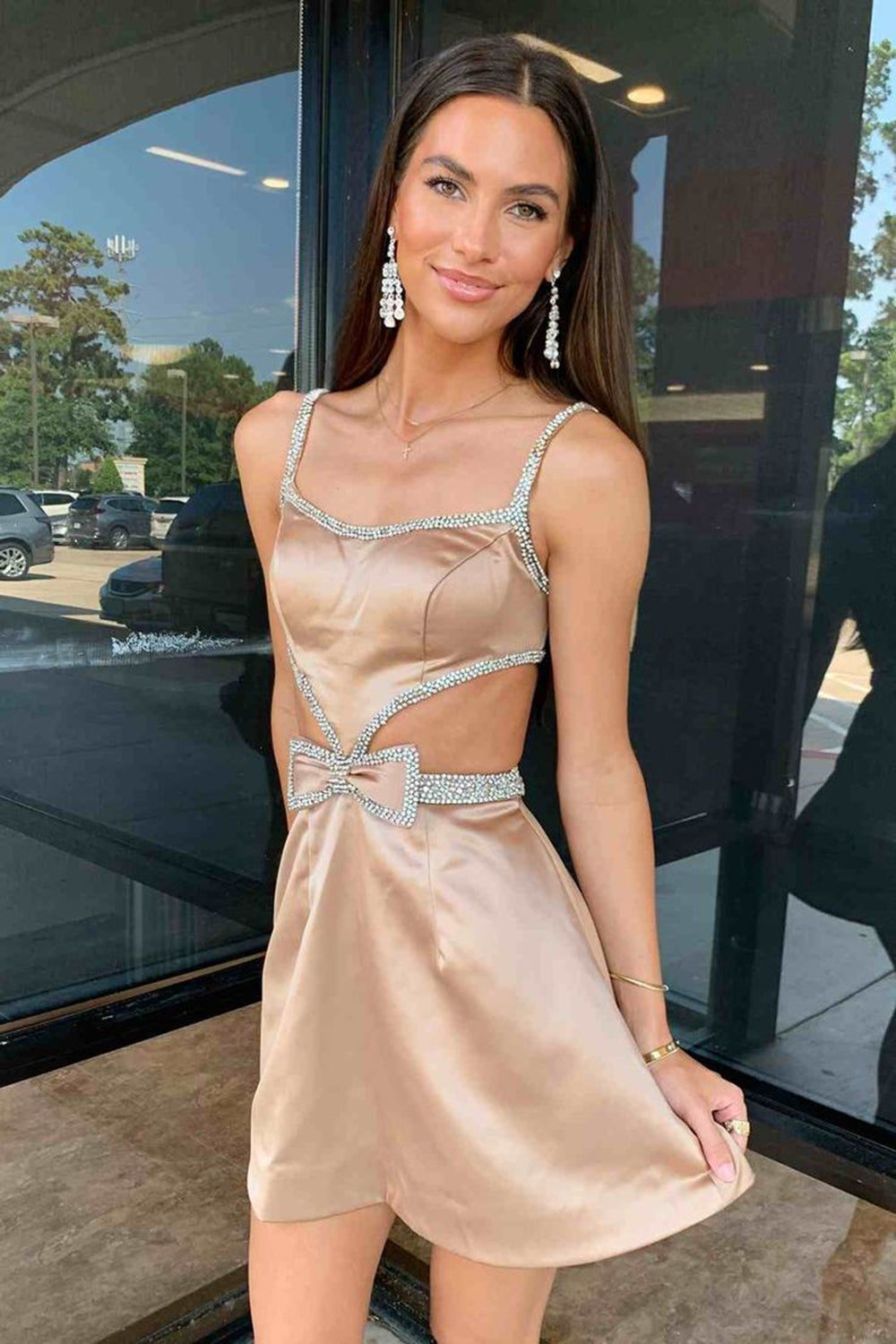 Dressystars Fuchsia Homecoming Dress A-Line Short Beaded Prom Dress with Bows