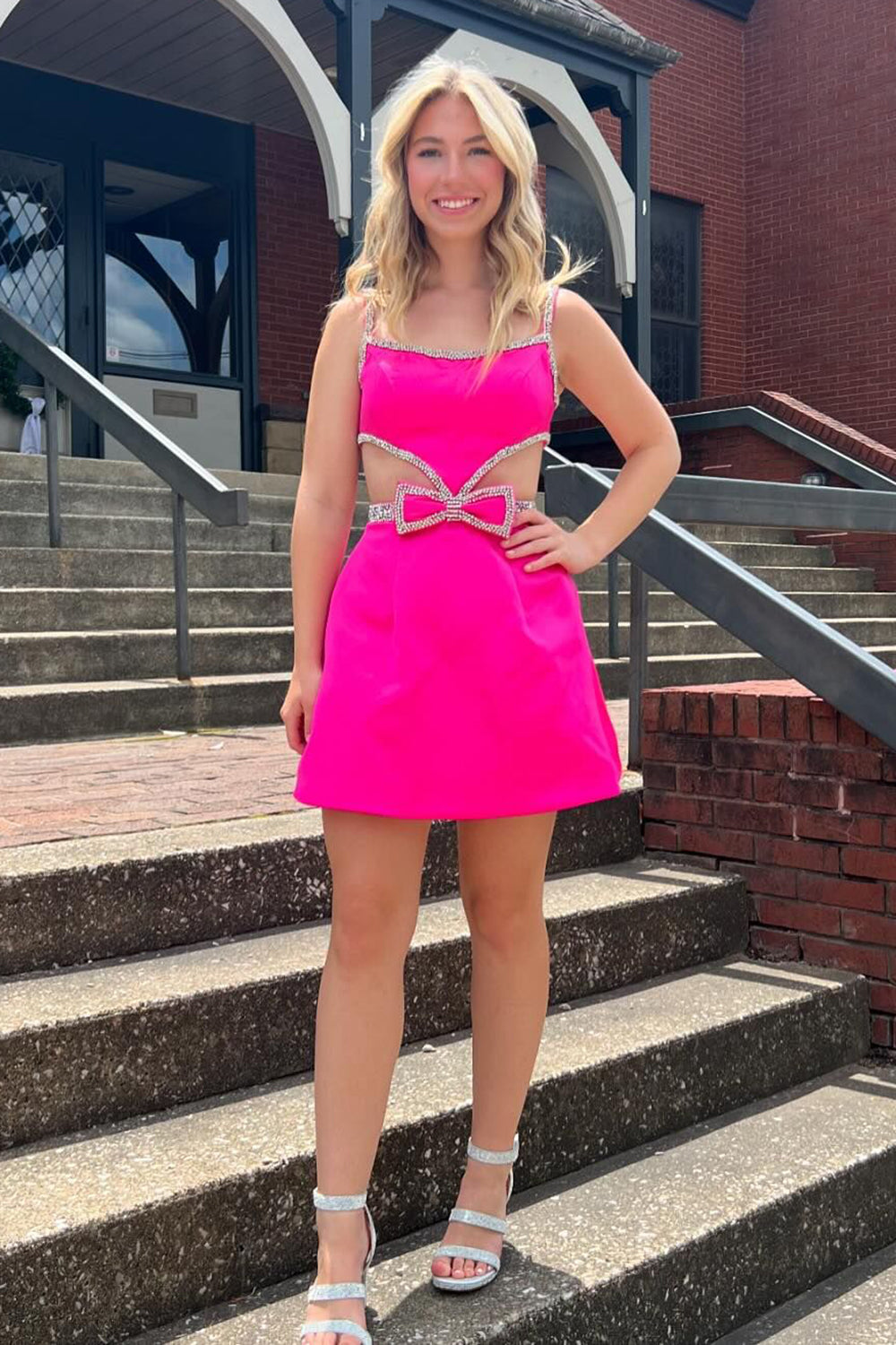Dressystars Fuchsia Homecoming Dress A-Line Short Beaded Prom Dress with Bows