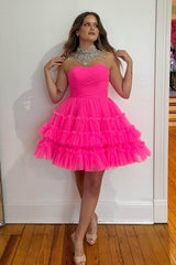 Dressystars Fuchsia Homecoming Dress A-Line Sweetheart Tulle Tiered Corset Short Prom Dress