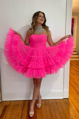 Dressystars Fuchsia Homecoming Dress A-Line Sweetheart Tulle Tiered Corset Short Prom Dress