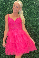 Dressystars Fuchsia Homecoming Dress A Line Tiered Corset Short Prom Dress With Appliques