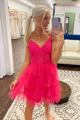 Dressystars Fuchsia Homecoming Dress A Line Tiered Corset Short Prom Dress With Appliques
