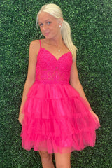 Dressystars Fuchsia Homecoming Dress A Line Tiered Corset Short Prom Dress With Appliques