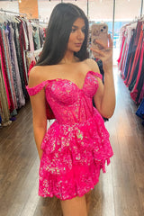 Dressystars Fuchsia Homecoming Dress A Line Tiered Lace Short Prom Dress