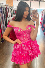 Dressystars Fuchsia Homecoming Dress A Line Tiered Lace Short Prom Dress