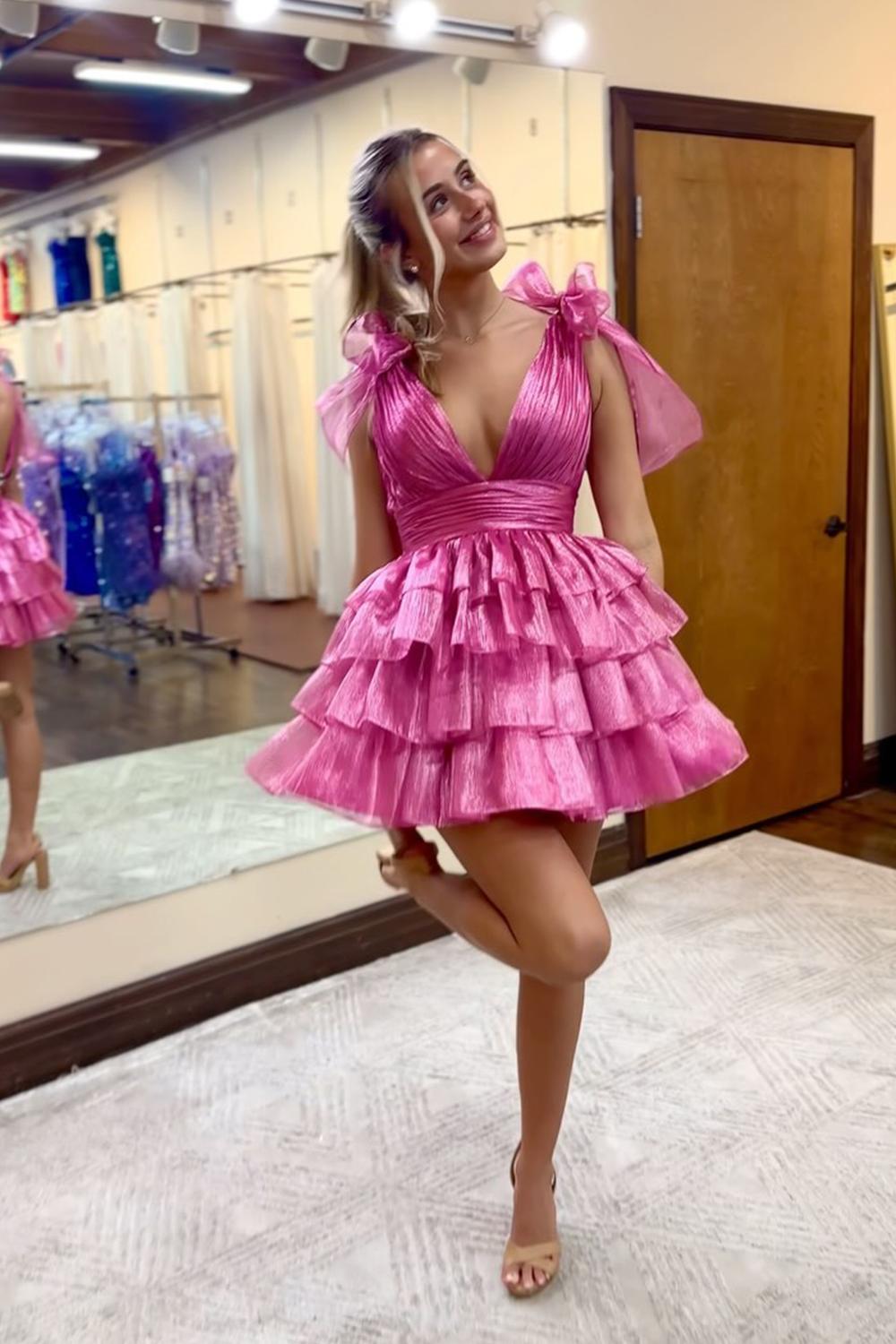 Dressystars Fuchsia Homecoming Dress A Line V Neck Ruffled Short Prom Dress