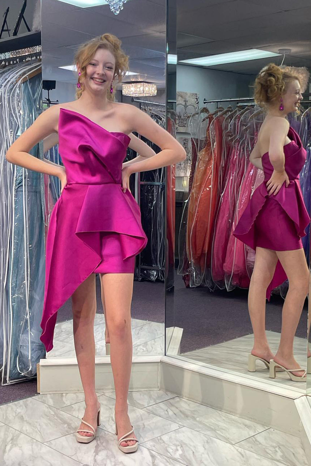 Dressystars Fuchsia Homecoming Dress Asymmetrical Satin Tight Short Prom Dress