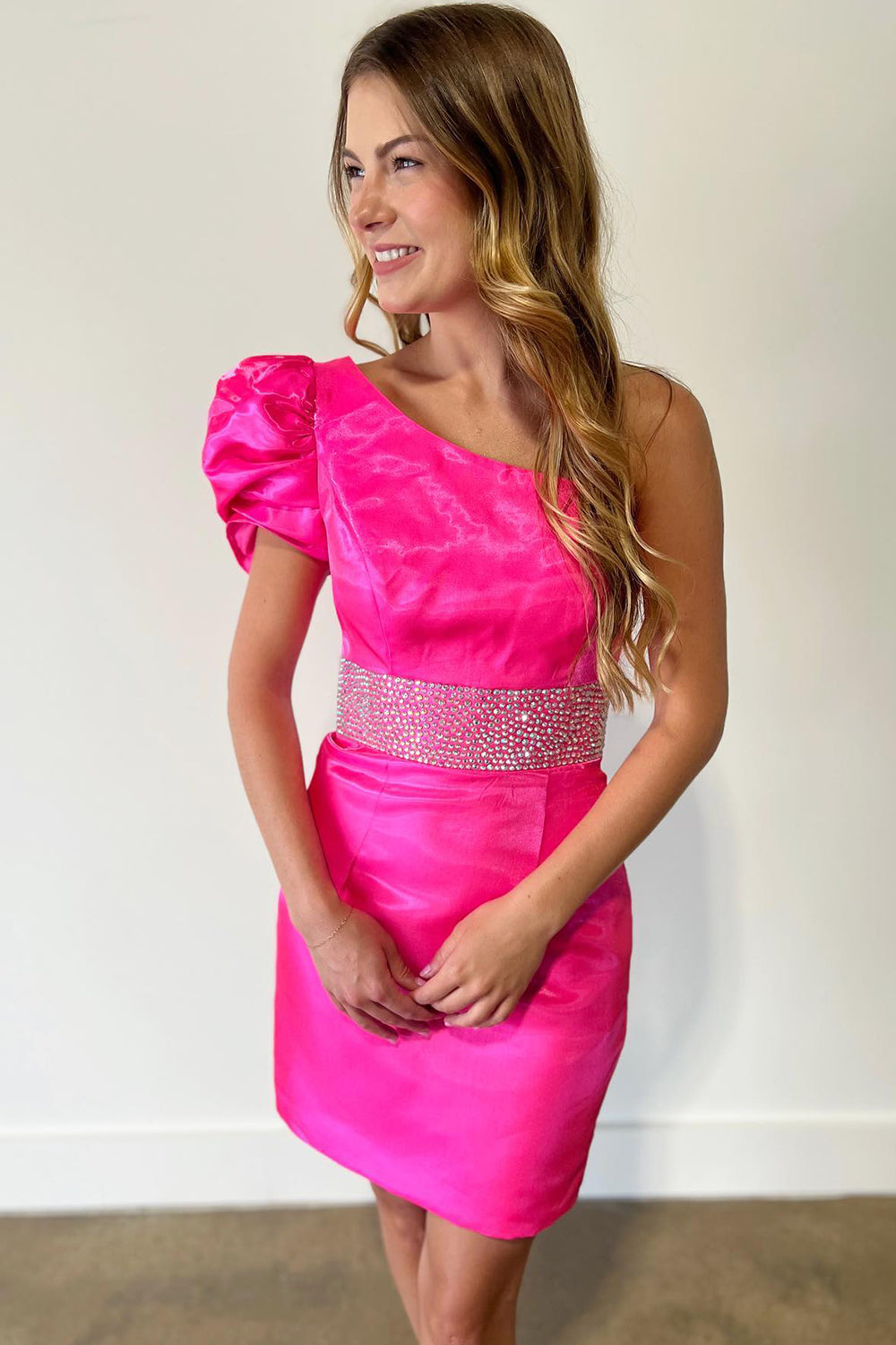 Dressystars Fuchsia Homecoming Dress Beaded One Shoulder Tight Short Prom Dress