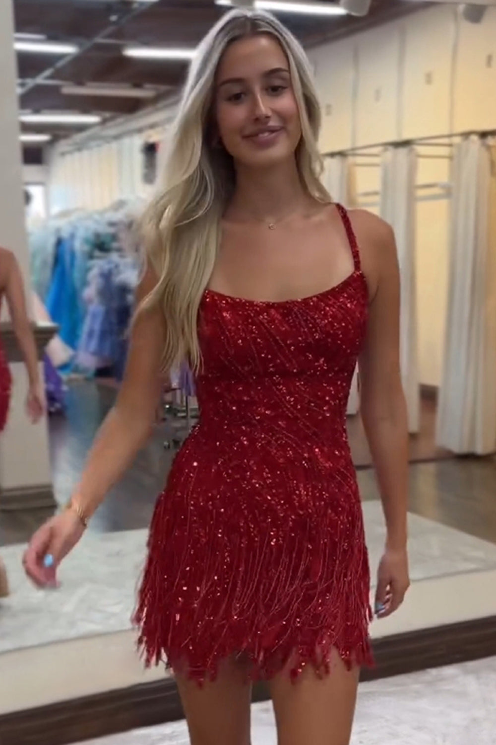 Dressystars Fuchsia Homecoming Dress Beaded Sequin Tight Short Prom Dress with Fringes