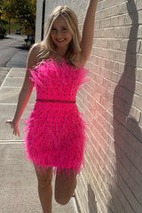 Dressystars Fuchsia Homecoming Dress Beaded Tight Short Prom Dress with Feathers