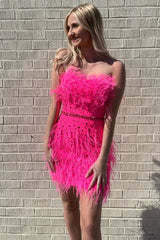 Dressystars Fuchsia Homecoming Dress Beaded Tight Short Prom Dress with Feathers