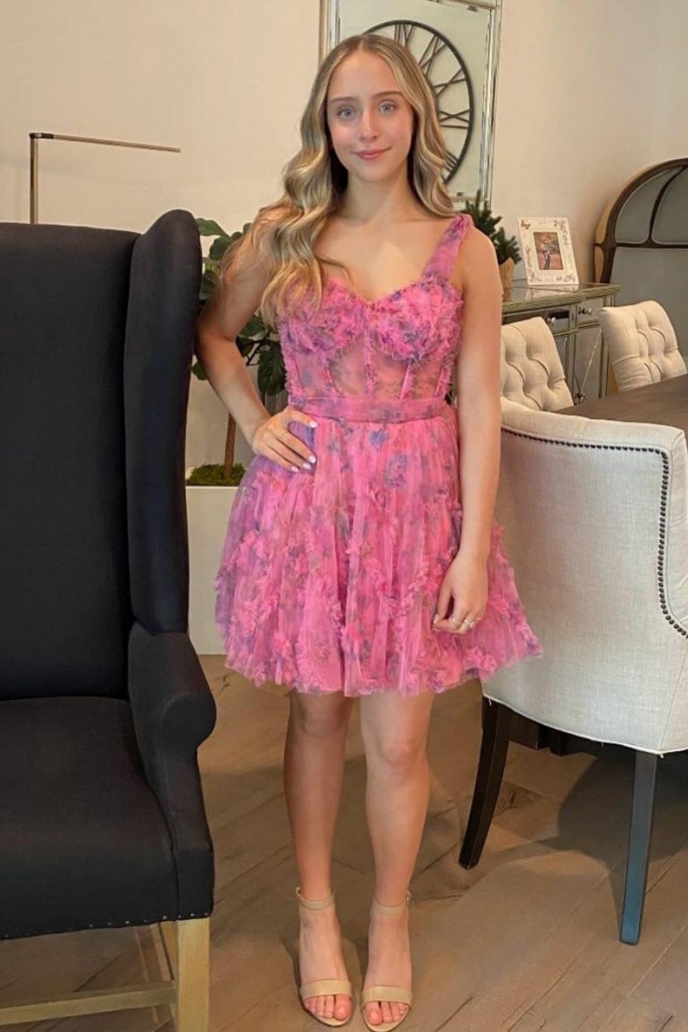 Dressystars Fuchsia Homecoming Dress Corset A Line Floral Short Prom Dress