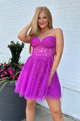 Dressystars Fuchsia Homecoming Dress Corset A-Line Tulle Short Prom Dress with Lace