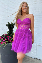 Dressystars Fuchsia Homecoming Dress Corset A-Line Tulle Short Prom Dress with Lace