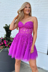 Dressystars Fuchsia Homecoming Dress Corset A-Line Tulle Short Prom Dress with Lace