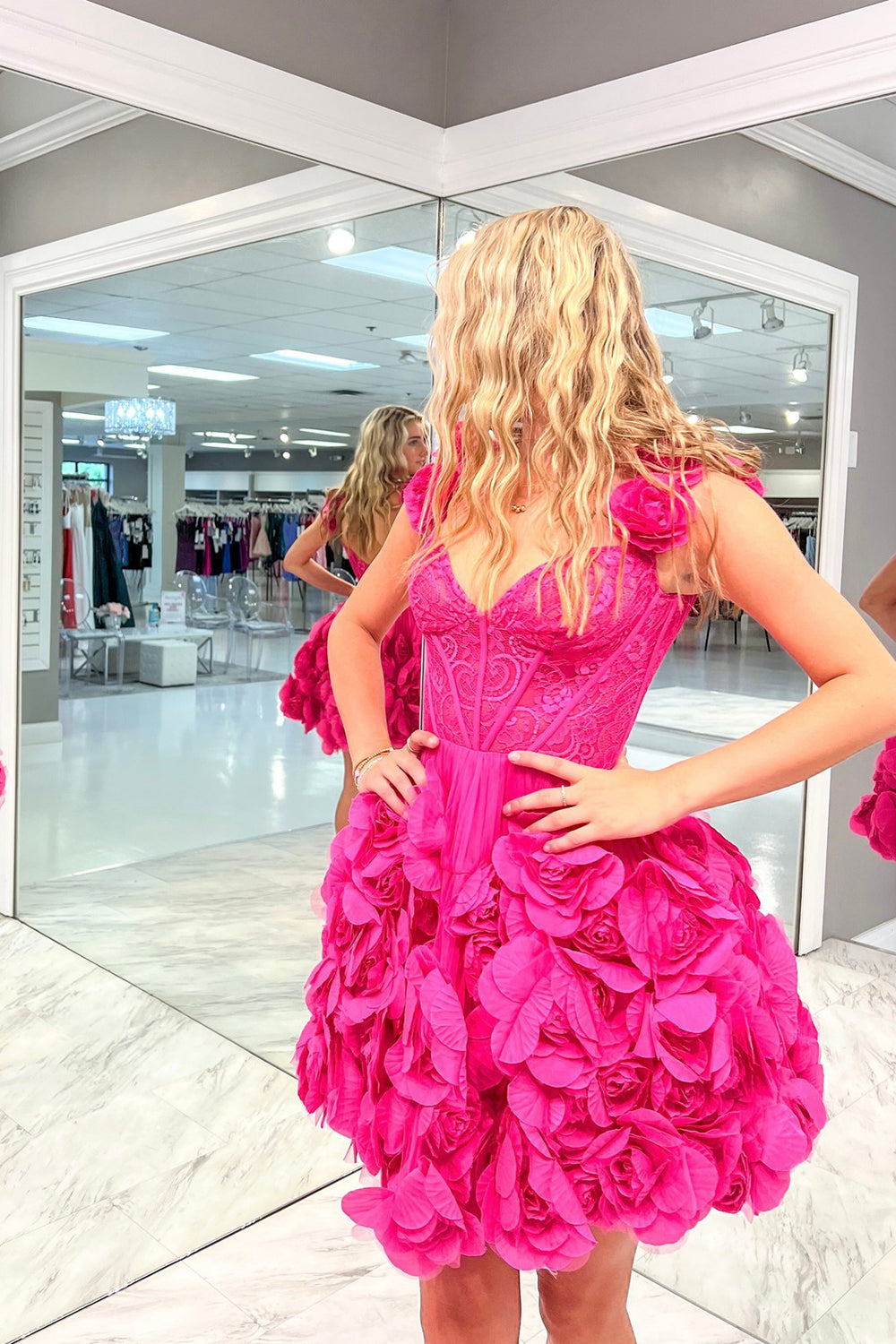 Dressystars Fuchsia Homecoming Dress Corset Floral Ruffled Short Prom Dress with Lace