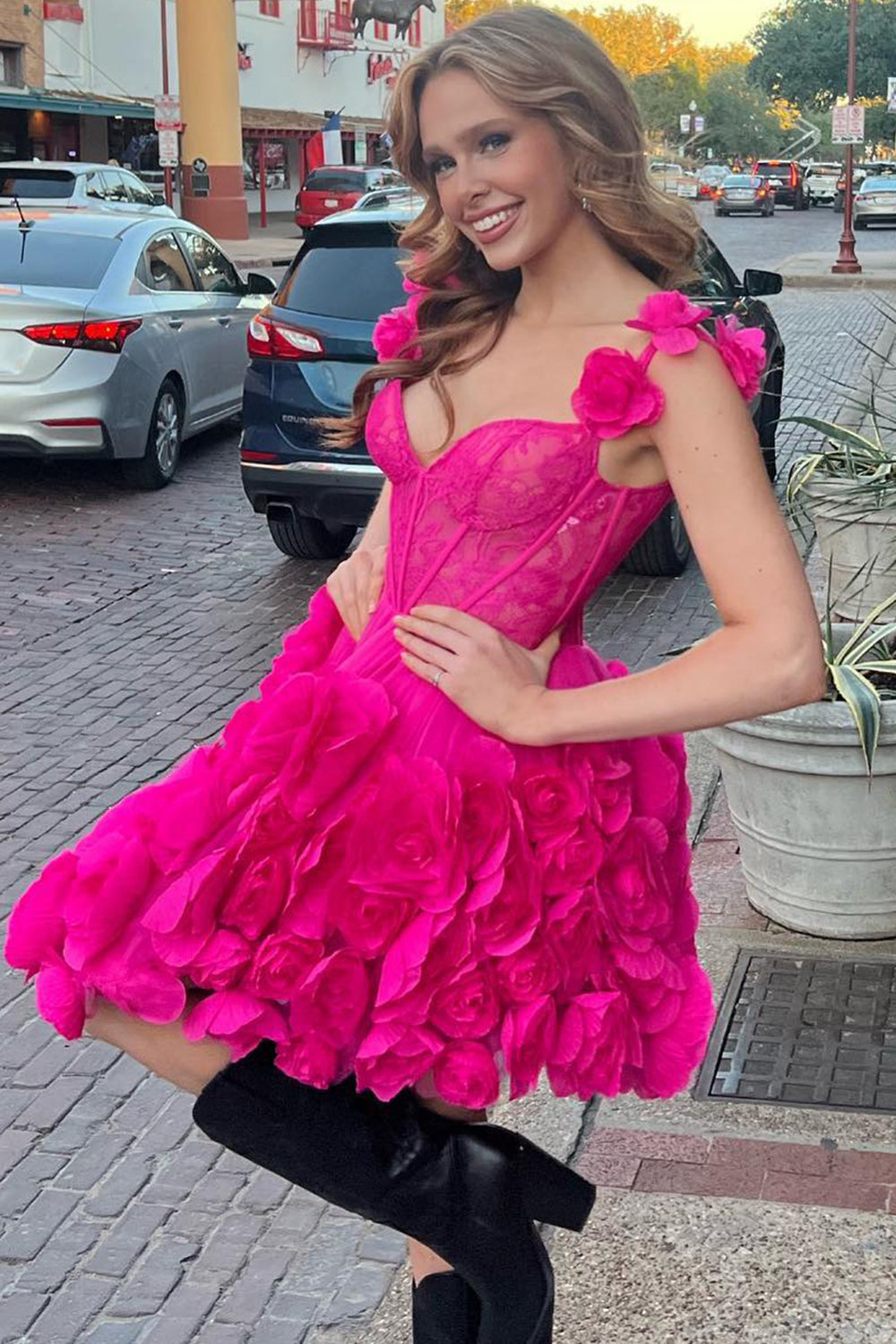 Dressystars Fuchsia Homecoming Dress Corset Floral Ruffled Short Prom Dress with Lace