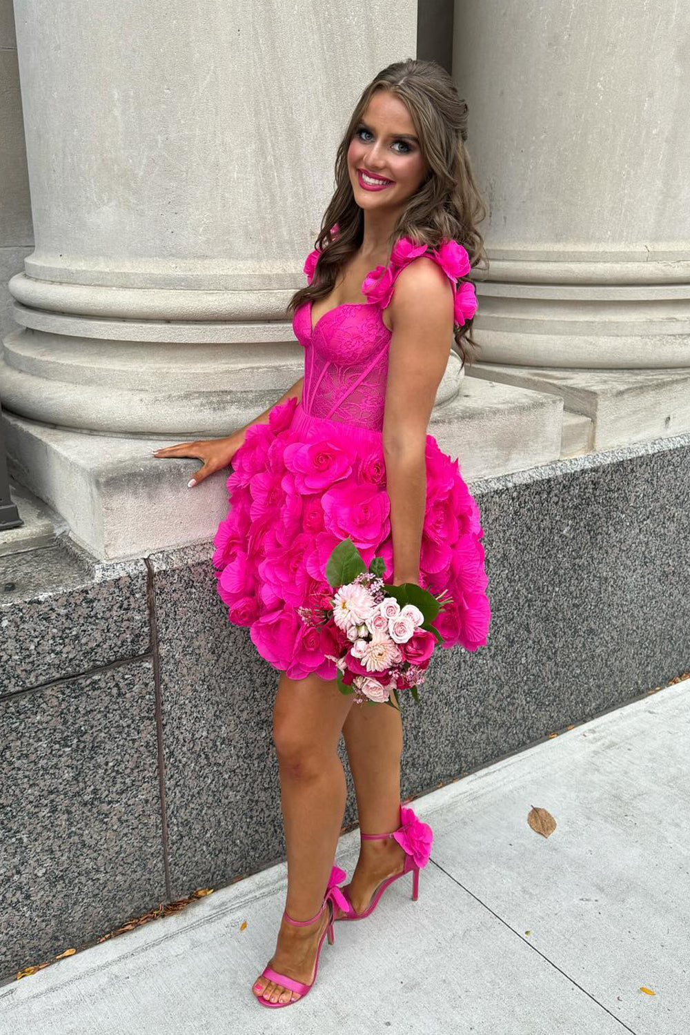 Dressystars Fuchsia Homecoming Dress Corset Floral Ruffled Short Prom Dress with Lace