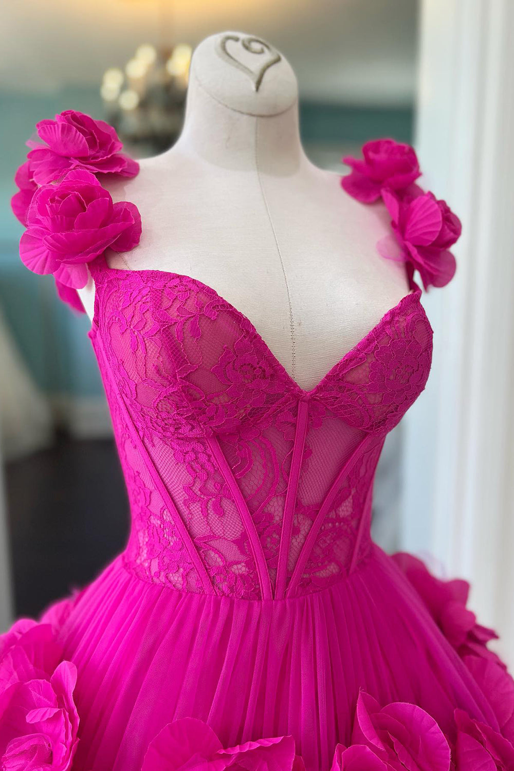 Dressystars Fuchsia Homecoming Dress Corset Floral Ruffled Short Prom Dress with Lace