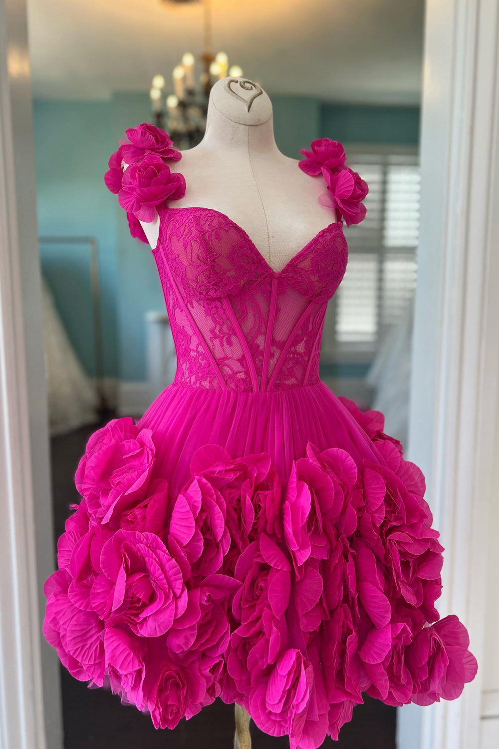Dressystars Fuchsia Homecoming Dress Corset Floral Ruffled Short Prom Dress with Lace