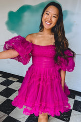 Dressystars Fuchsia Homecoming Dress Corset Puff Sleeves A-Line Short Prom Dress with Ruffles