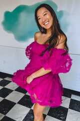 Dressystars Fuchsia Homecoming Dress Corset Puff Sleeves A-Line Short Prom Dress with Ruffles