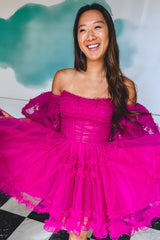 Dressystars Fuchsia Homecoming Dress Corset Puff Sleeves A-Line Short Prom Dress with Ruffles