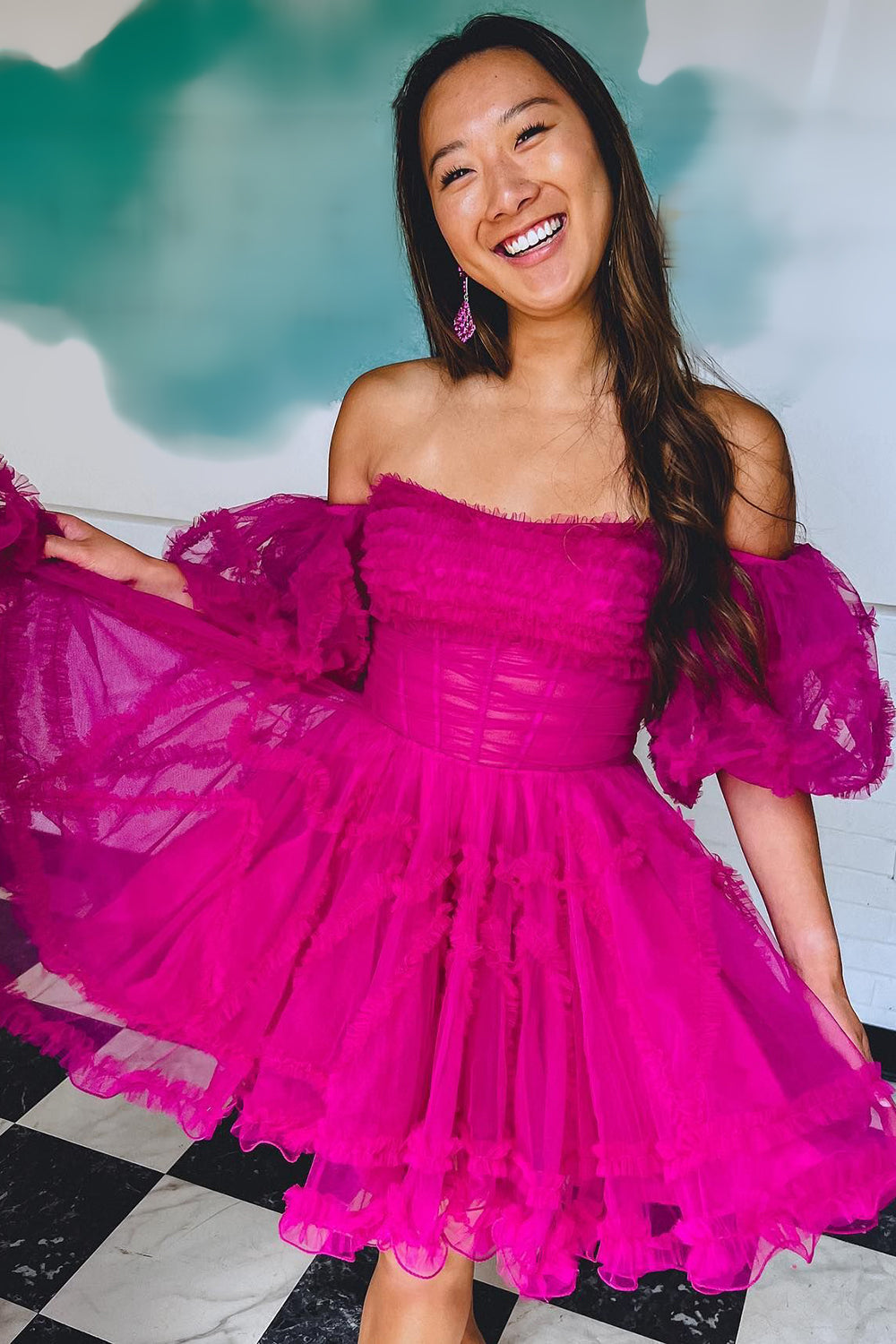 Dressystars Fuchsia Homecoming Dress Corset Puff Sleeves A-Line Short Prom Dress with Ruffles