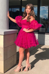 Dressystars Fuchsia Homecoming Dress Corset Puff Sleeves A-Line Short Tulle Prom Dress with Ruffles