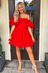 Dressystars Fuchsia Homecoming Dress Corset Puff Sleeves A-Line Short Tulle Prom Dress with Ruffles