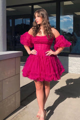 Dressystars Fuchsia Homecoming Dress Corset Puff Sleeves A-Line Short Tulle Prom Dress with Ruffles