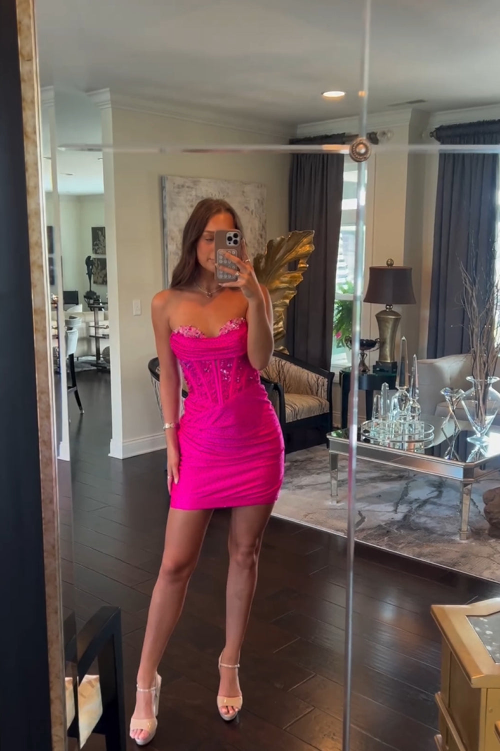 Dressystars Fuchsia Homecoming Dress Corset Sequin Tight Short Prom Dress