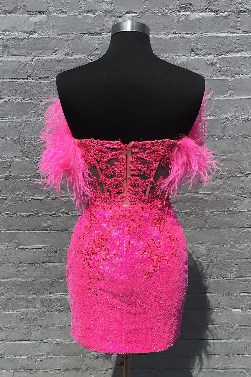Dressystars Fuchsia Homecoming Dress Corset Sequin Tight Short Prom Dress with Feathers