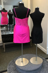 Dressystars Fuchsia Homecoming Dress Corset Spaghetti Straps Tight Short Prom Dress with Lace