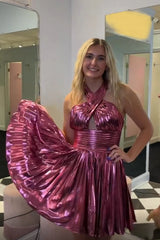 Dressystars Fuchsia Homecoming Dress Criss Cross Halter A Line Satin Short Prom Dress