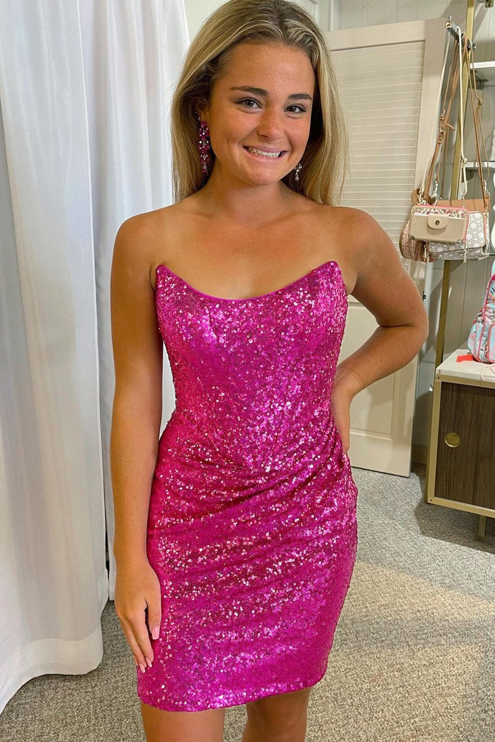 Dressystars Fuchsia Homecoming Dress Detachable Off the Shoulder Sequin Tight Prom Dress