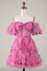 Dressystars Fuchsia Homecoming Dress Floral A-Line Short Prom Dress