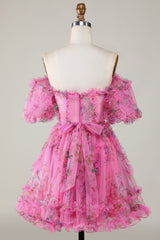 Dressystars Fuchsia Homecoming Dress Floral A-Line Short Prom Dress