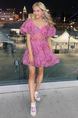 Dressystars Fuchsia Homecoming Dress Floral A-Line Short Prom Dress