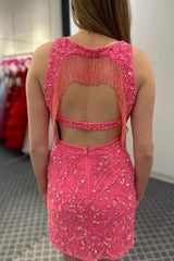 Dressystars Fuchsia Homecoming Dress Fringed Open Back Tight Short Prom Dress
