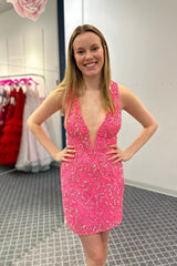 Dressystars Fuchsia Homecoming Dress Fringed Open Back Tight Short Prom Dress